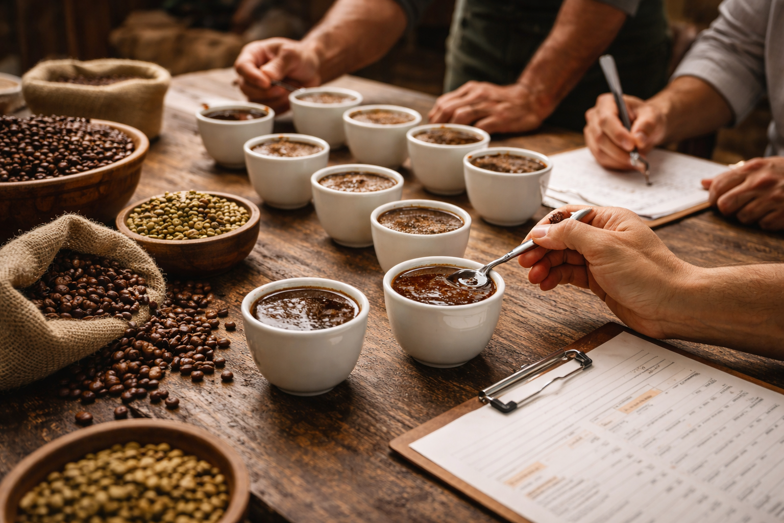coffee cupping session with tasting cups and roasted coffee beans on a wooden table