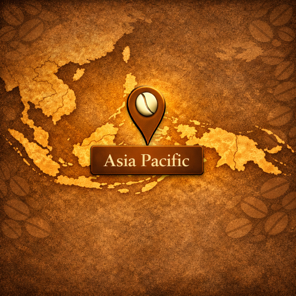 Map highlighting the Asia Pacific coffee region around Indonesia and Papua New Guinea with a location pin labeled Asia Pacific.