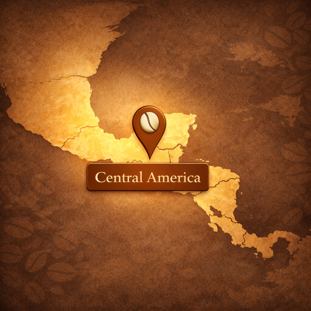 Map highlighting the Central America coffee region from Mexico to Panama with a location pin labeled Central America.