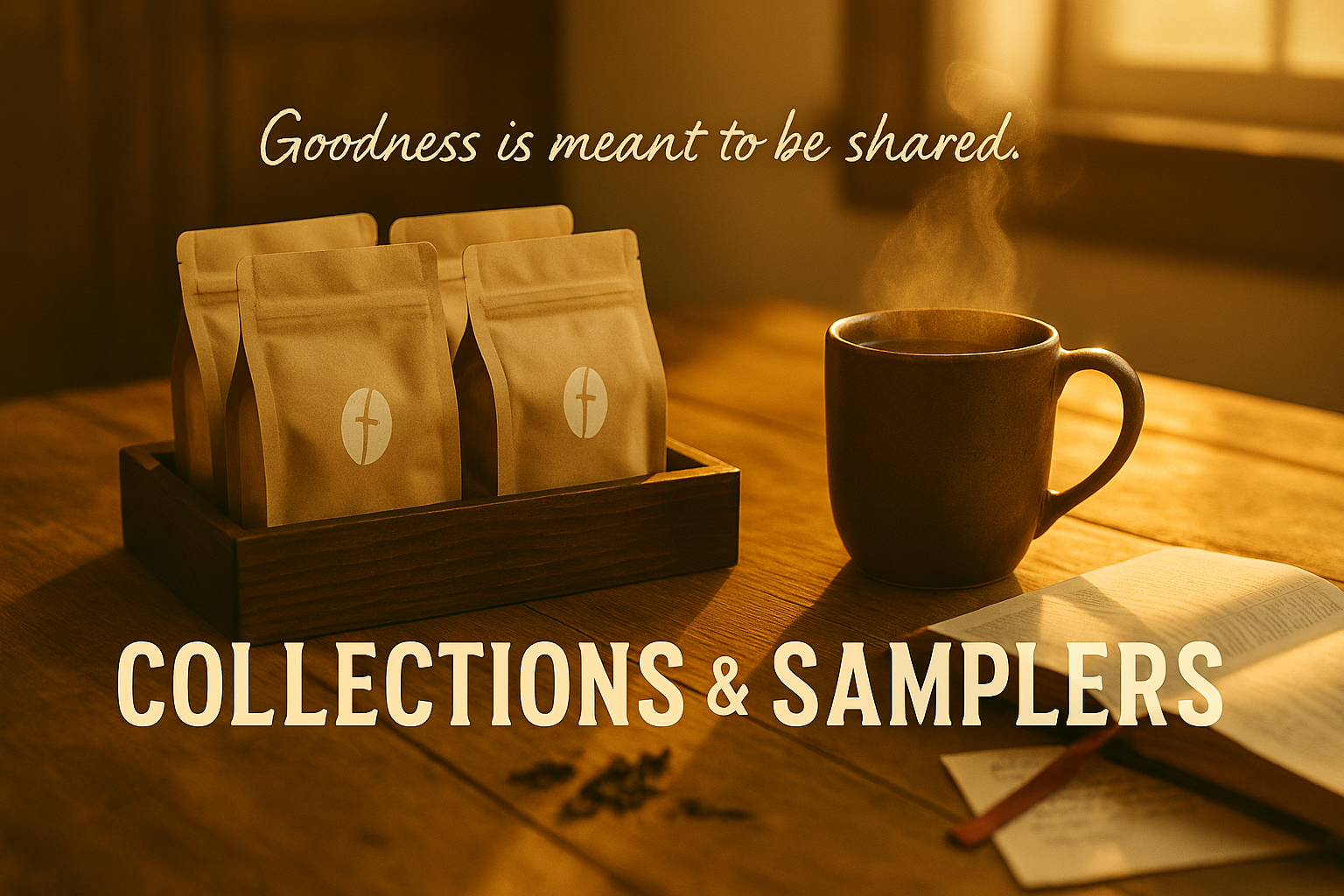 A farmhouse table with a tray of assorted coffee bags, a steaming mug, and an open Bible in warm afternoon light. The scene evokes community, sharing, and gratitude.