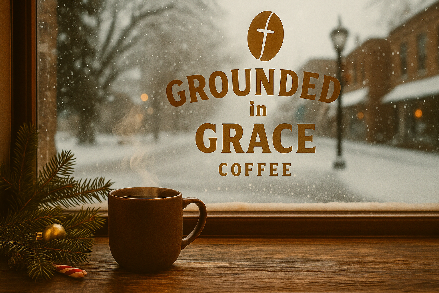 A steaming cup of coffee sits on a rustic wooden table with pine branches and holiday ornaments. Through the large window, snow falls softly on the street.