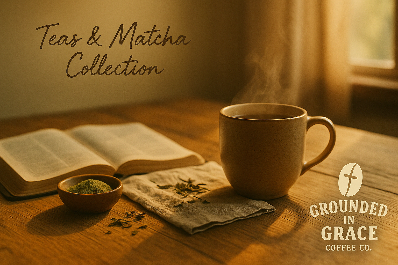 A rustic table near a sunlit window with a steaming cup of tea, an open Bible, and a bowl of vibrant green matcha powder. Warm golden light reflects a calm, faith-filled morning.