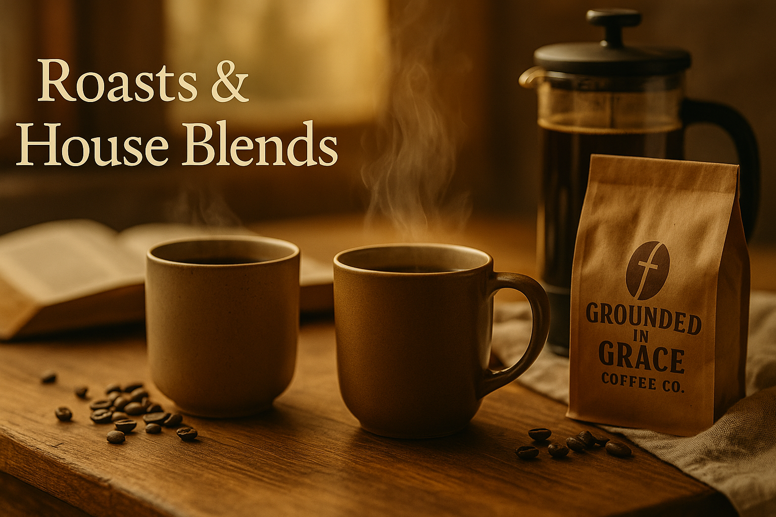 Two steaming mugs of coffee on a wooden counter beside a kraft paper coffee bag and an open Bible, bathed in warm golden morning light. A peaceful scene of home and faith.