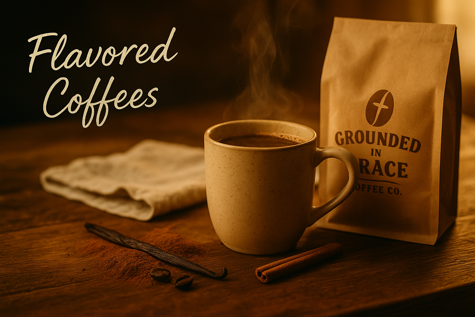 A rustic table with a steaming mocha beside cocoa powder, vanilla beans, and a cinnamon stick. Soft golden light creates a cozy, faith-inspired atmosphere of comfort.