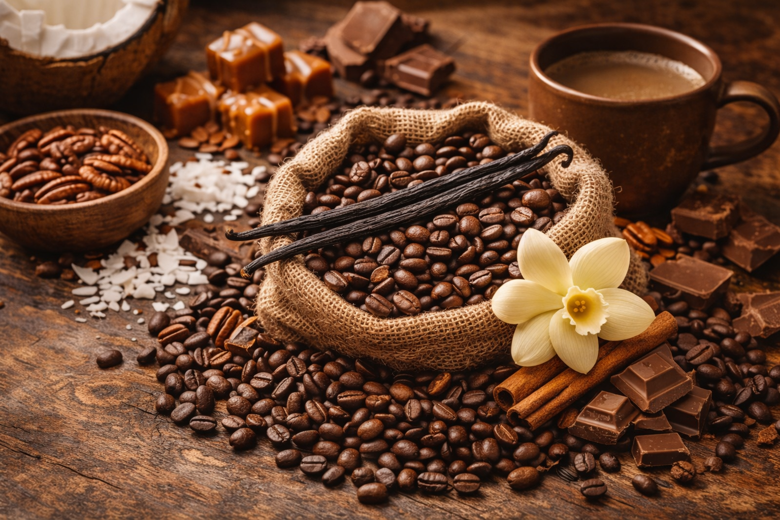 flavored coffee beans with vanilla, chocolate, cinnamon and caramel on a rustic table