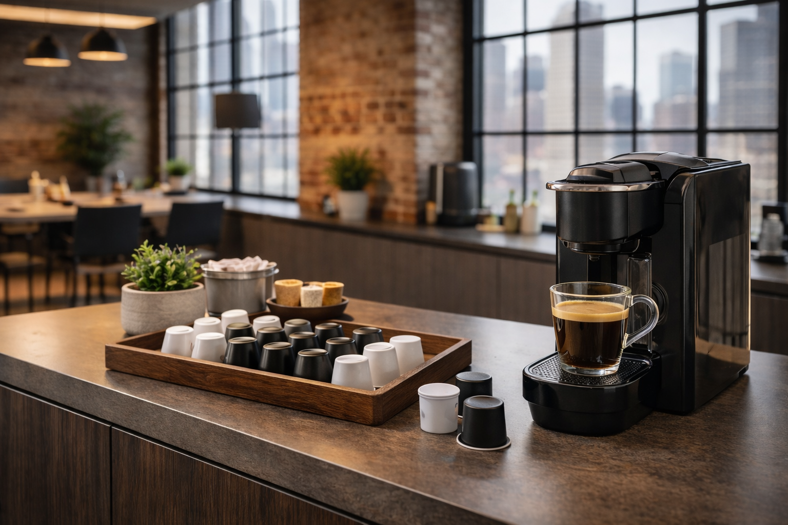coffee pod machine and tray of black and white single serve coffee pods in an office break room