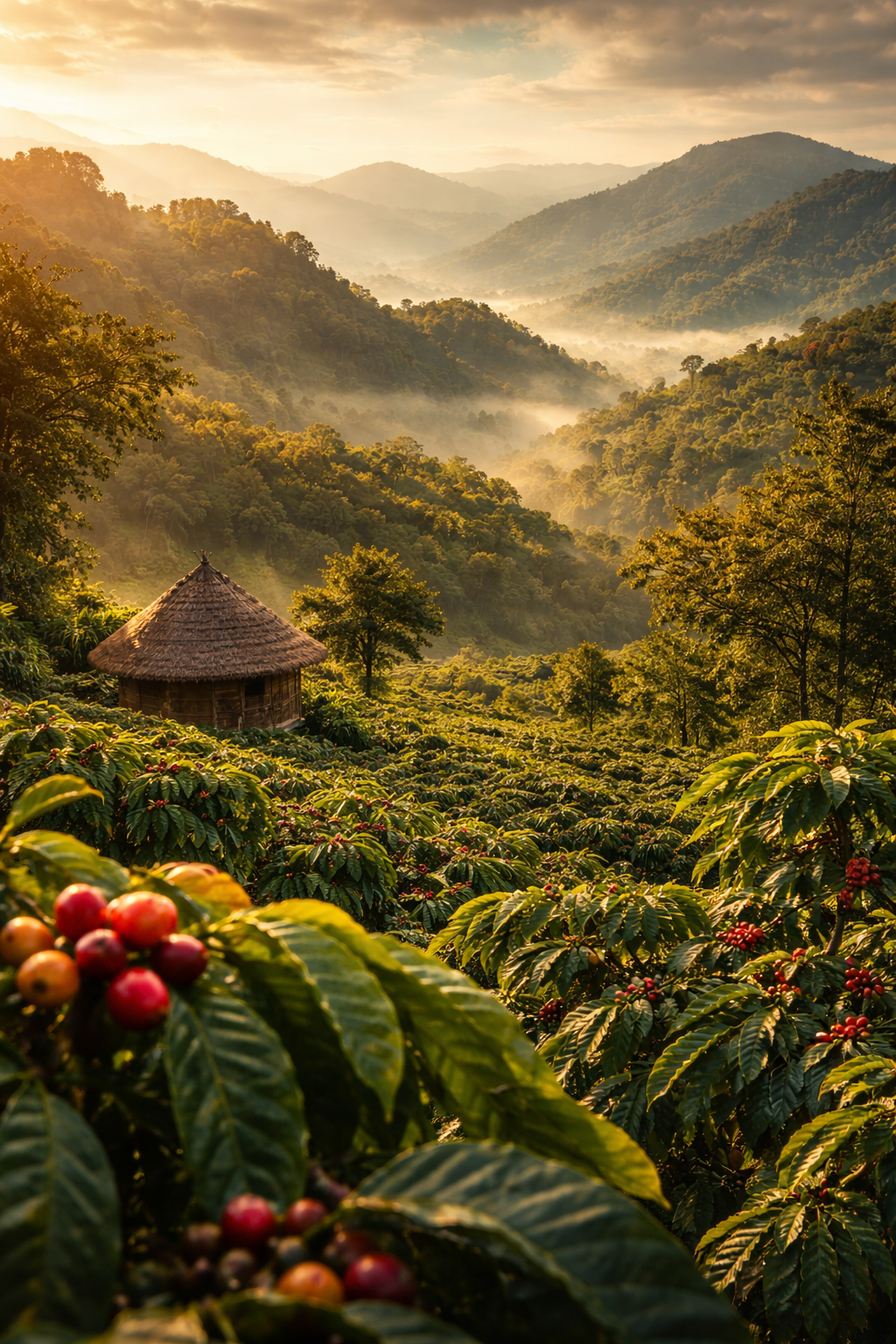 Coffee plantation with coffee cherries and a thatched-roof hut in a mountainous landscape.