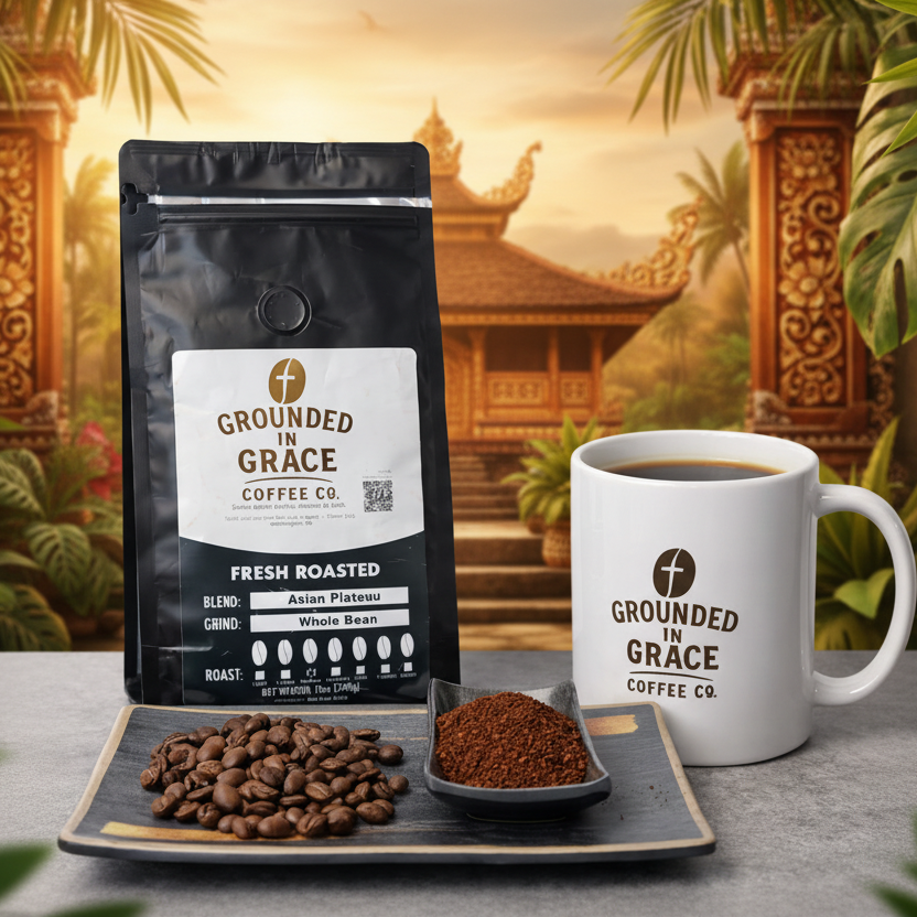 Grounded in Grace Asian Plateau coffee blend whole bean with roasted beans, ground coffee, and brewed cup