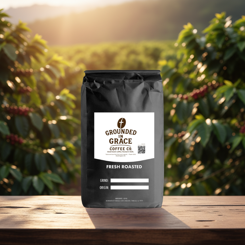 Coffee bag labeled 'Grounded in Grace Coffee Co.' on a wooden table with a coffee plantation in the background.