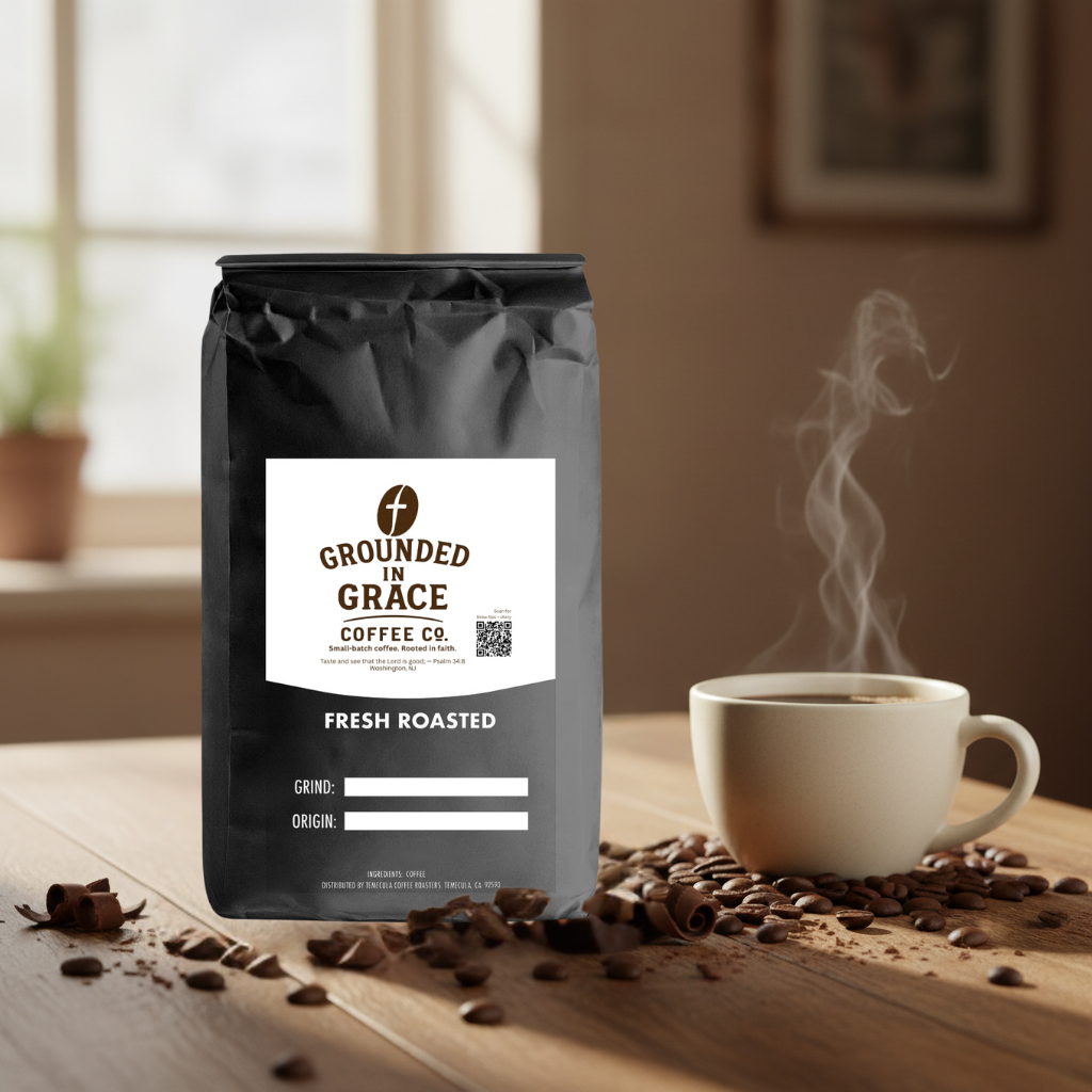 Grounded in Grace Coffee Co. package with a steaming cup of coffee on a wooden table.
