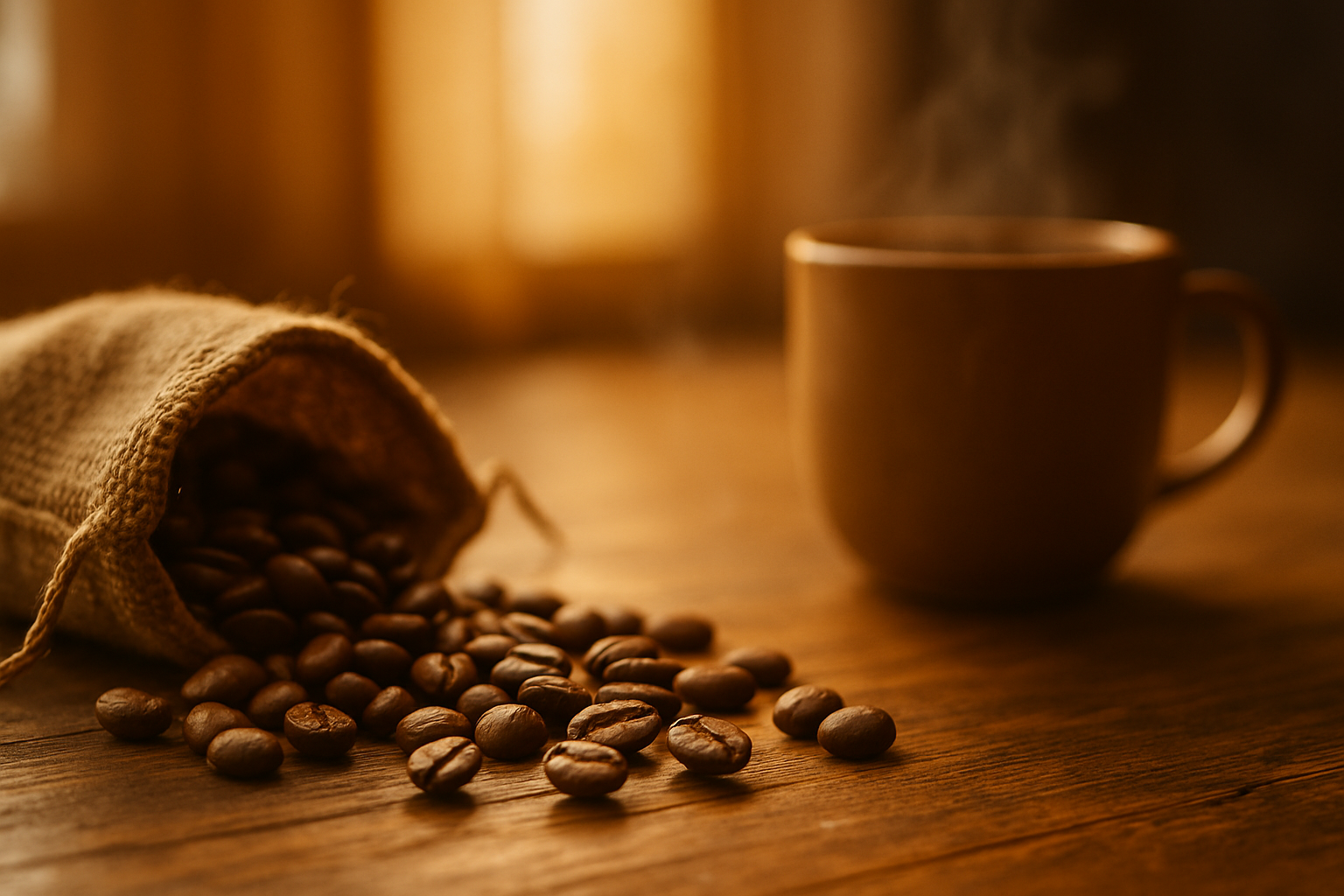 Steaming coffee cup next to a sack of coffee beans on a wooden surface