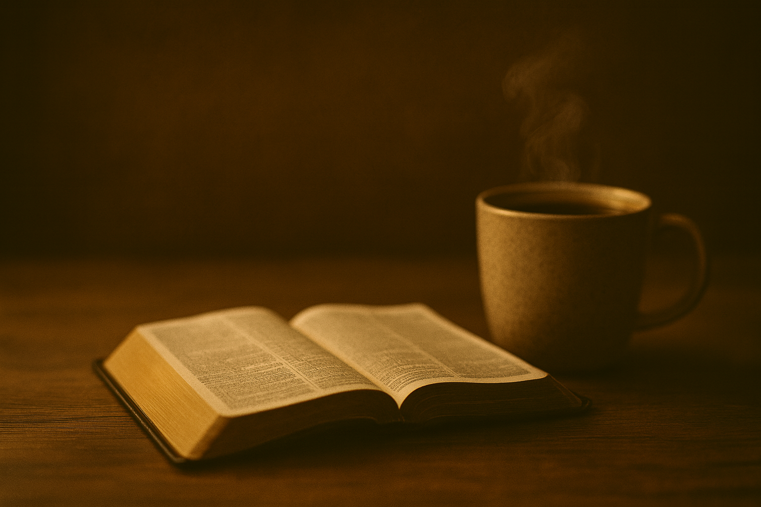 Open Bible and steaming cup on a wooden surface with a dark background