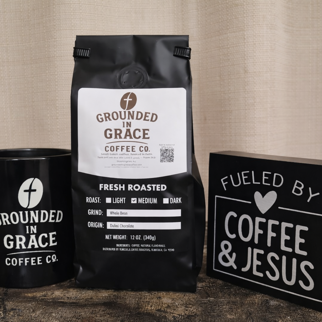 Grounded in Grace coffee products including a mug, coffee beans, and a sign on a wooden surface.
