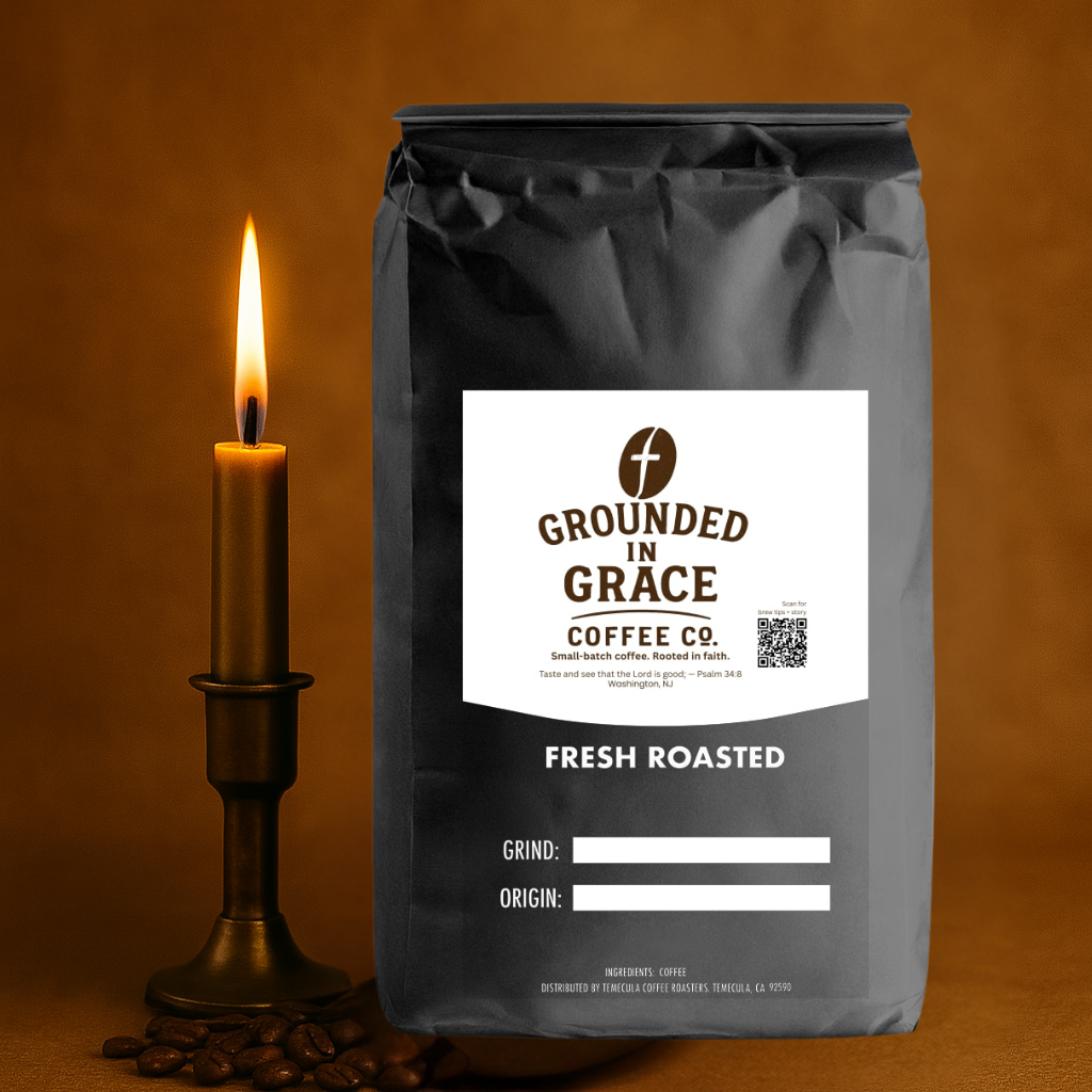 grounded in grace coffee bag and candle on suede background