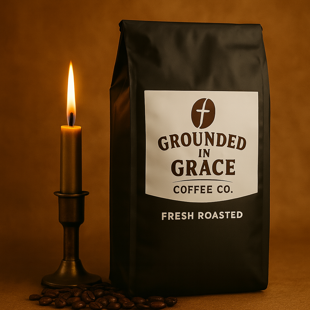 Coffee bag from Grounded in Grace Coffee Co. with a candle and coffee beans on a brown background