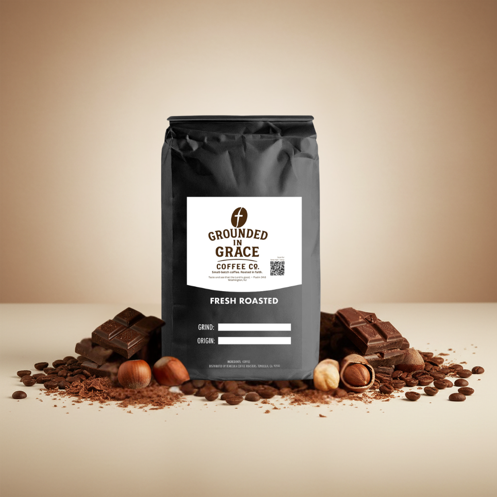 Grounded in Grace Coffee Co. bag with coffee beans and chocolate on a beige background