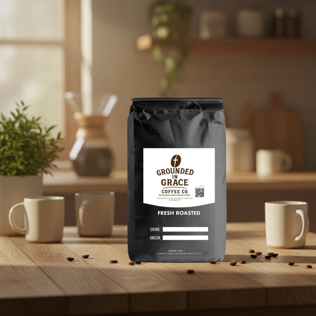 Grounded by Grace coffee bag on a wooden table with mugs and coffee beans in a cozy kitchen setting
