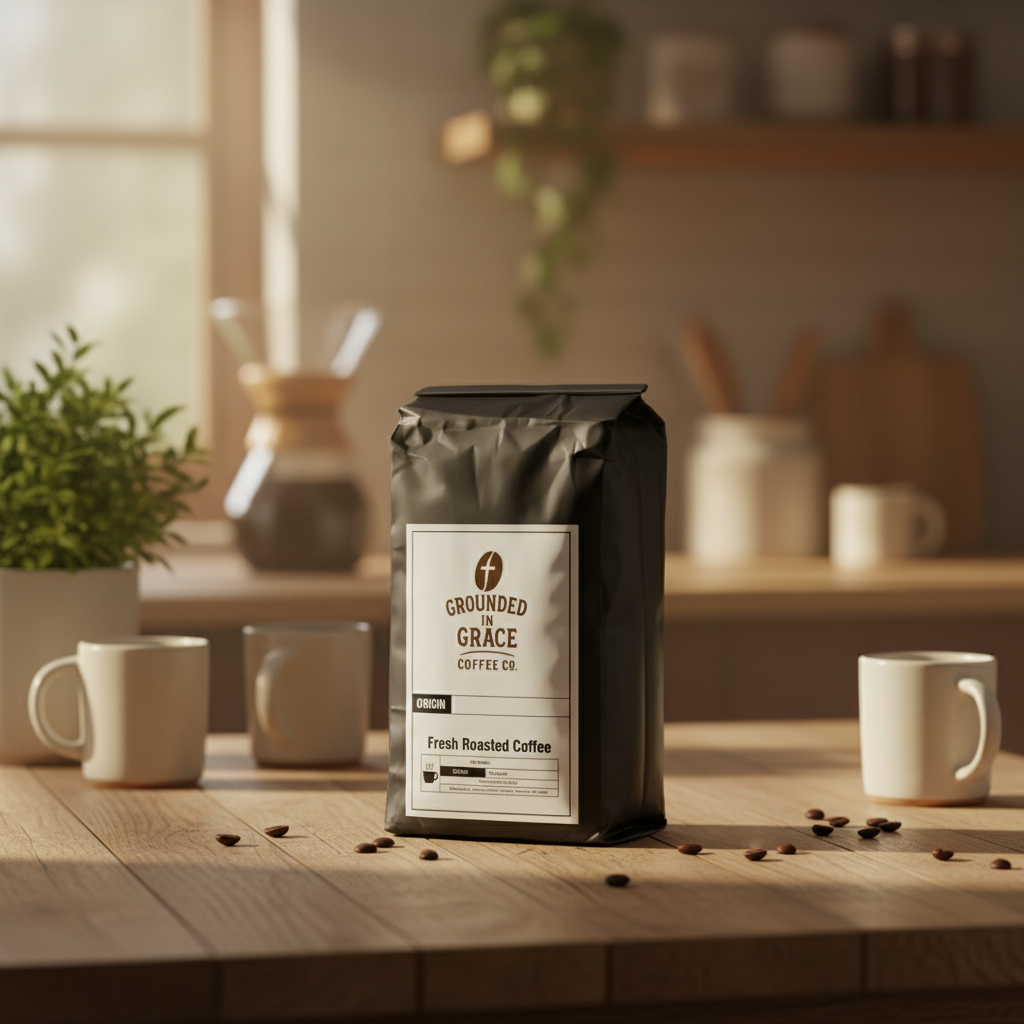 Grounded by Grace coffee bag on a wooden table with mugs and coffee beans in a cozy kitchen setting