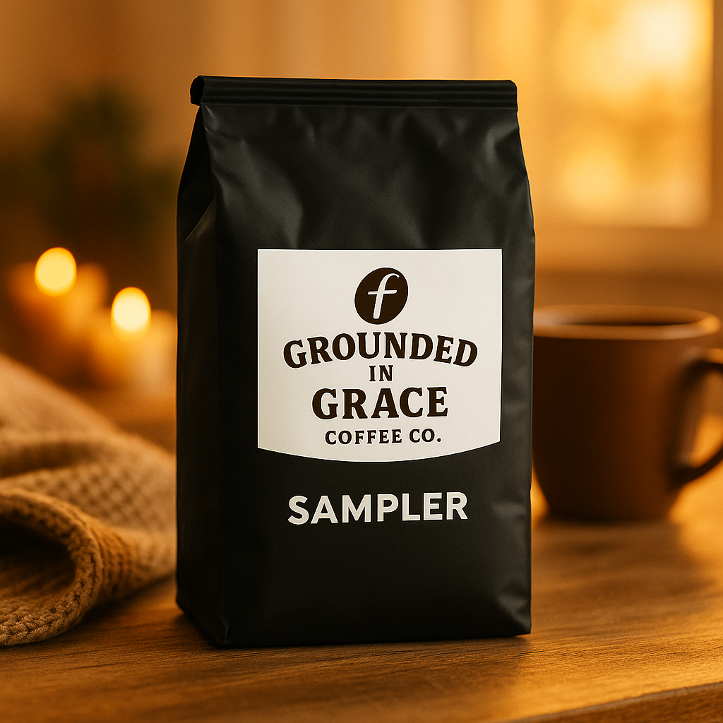 Black coffee bag with 'Grounded in Grace Coffee Co.' label on a wooden surface with a blurred background