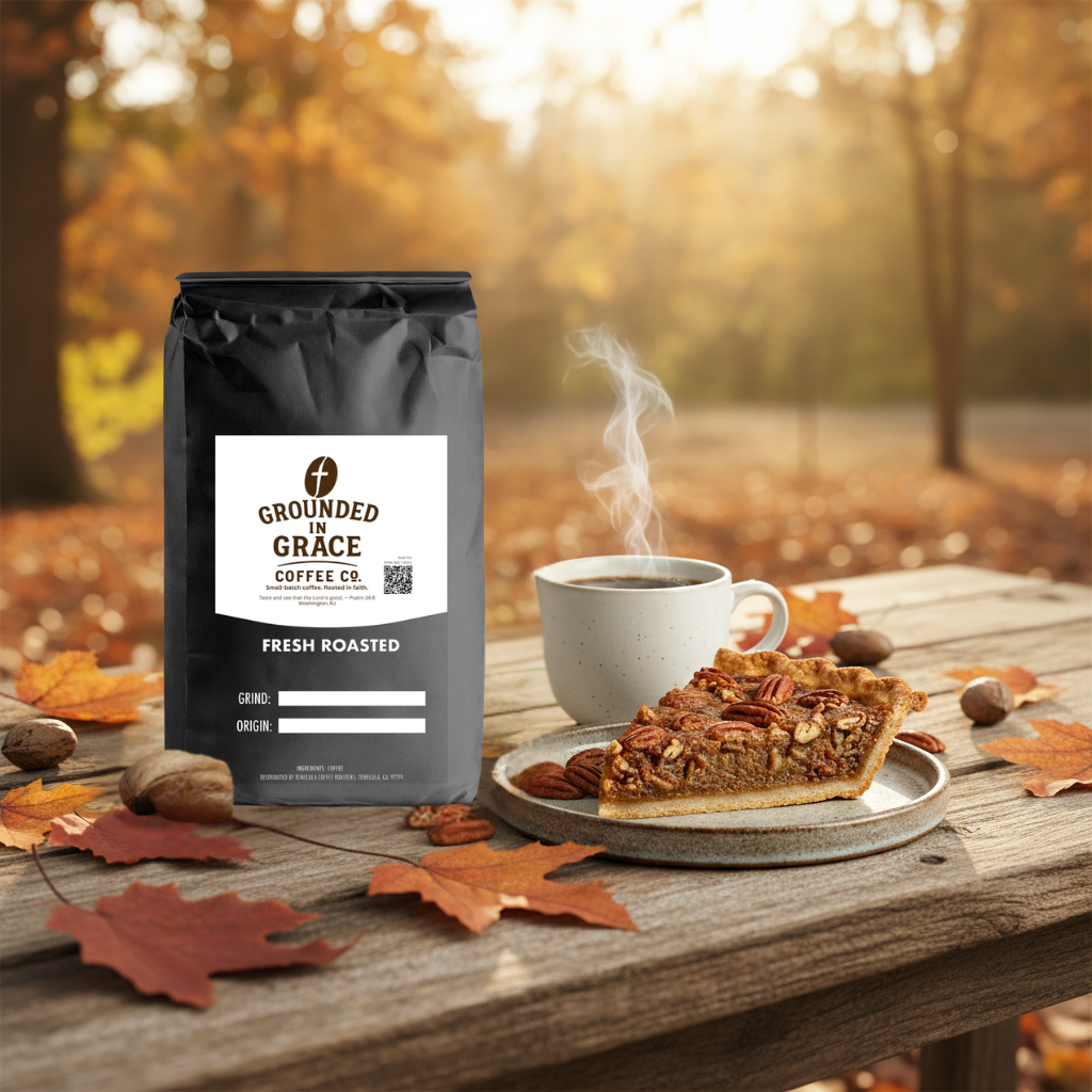 Grounded in Grace Coffee Co. bag with a cup of coffee and pecan pie on a wooden table with autumn leaves.