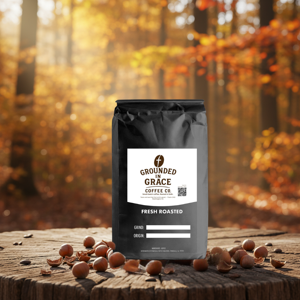Grounded by Grace coffee bag on a wooden surface with autumn leaves in the background