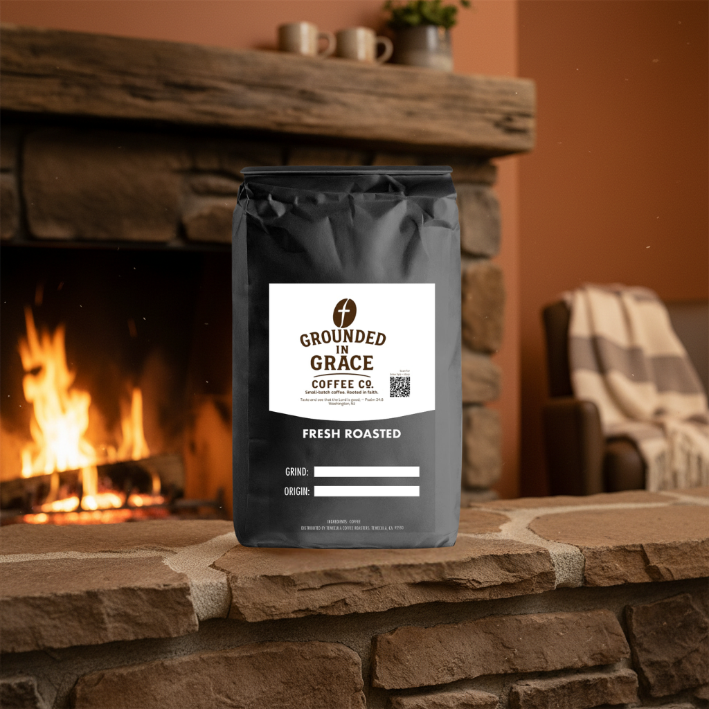 Grounded for Grace coffee bag on a stone fireplace mantle with a cozy living room background.