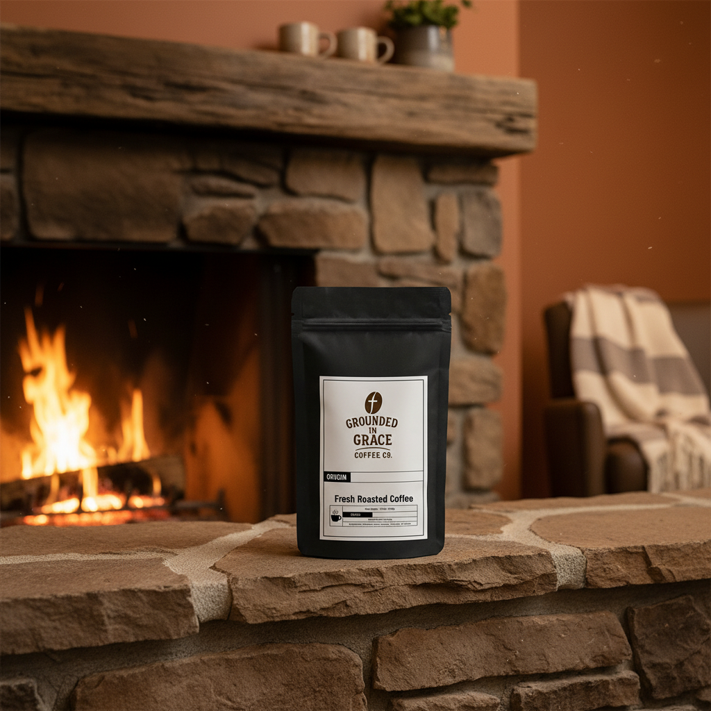 Grounded for Grace coffee bag on a stone fireplace mantle with a cozy living room background.