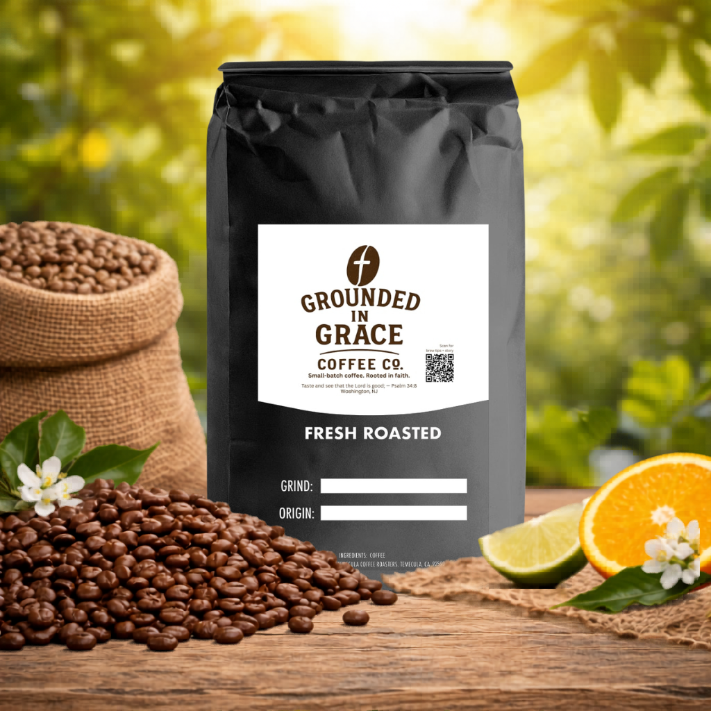 Grounded in Grace Coffee Co. bag with coffee beans and citrus fruits on a wooden surface.