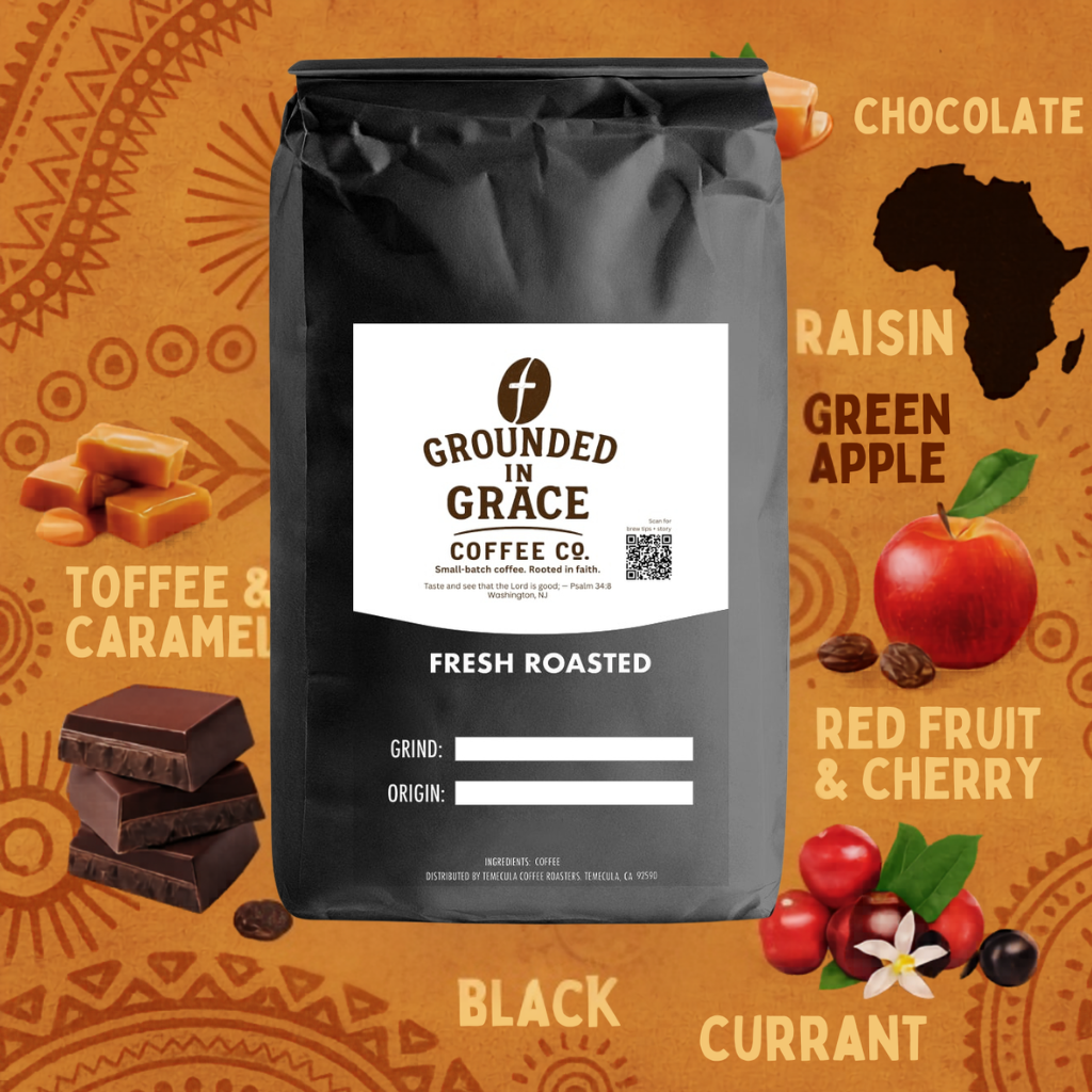 Grounded in Grace Coffee Co. African Blend coffee package with flavor elements on an orange background