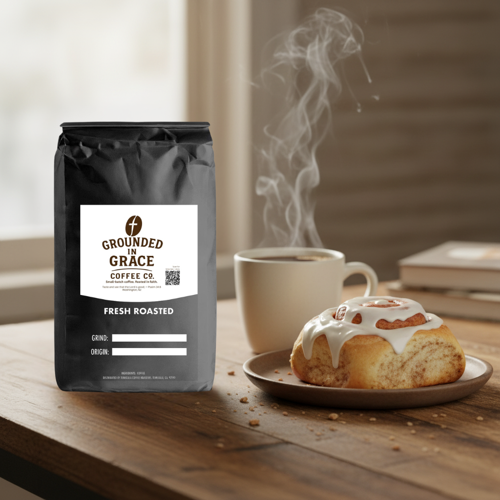 Grounded in Grace coffee bag with a steaming cup of coffee and cinnamon roll on a wooden table.