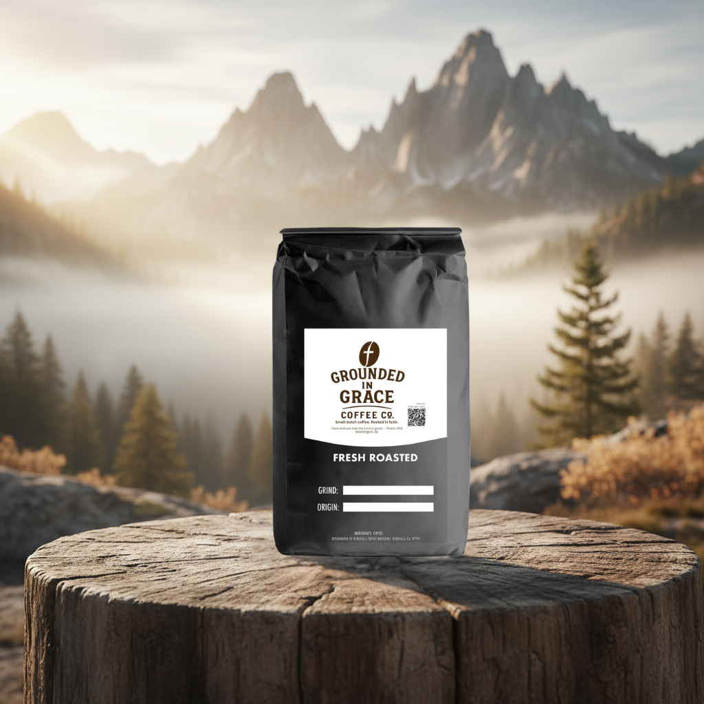 Grounded for Grace Coffee Co. bag on a wooden stump with a mountainous landscape in the background