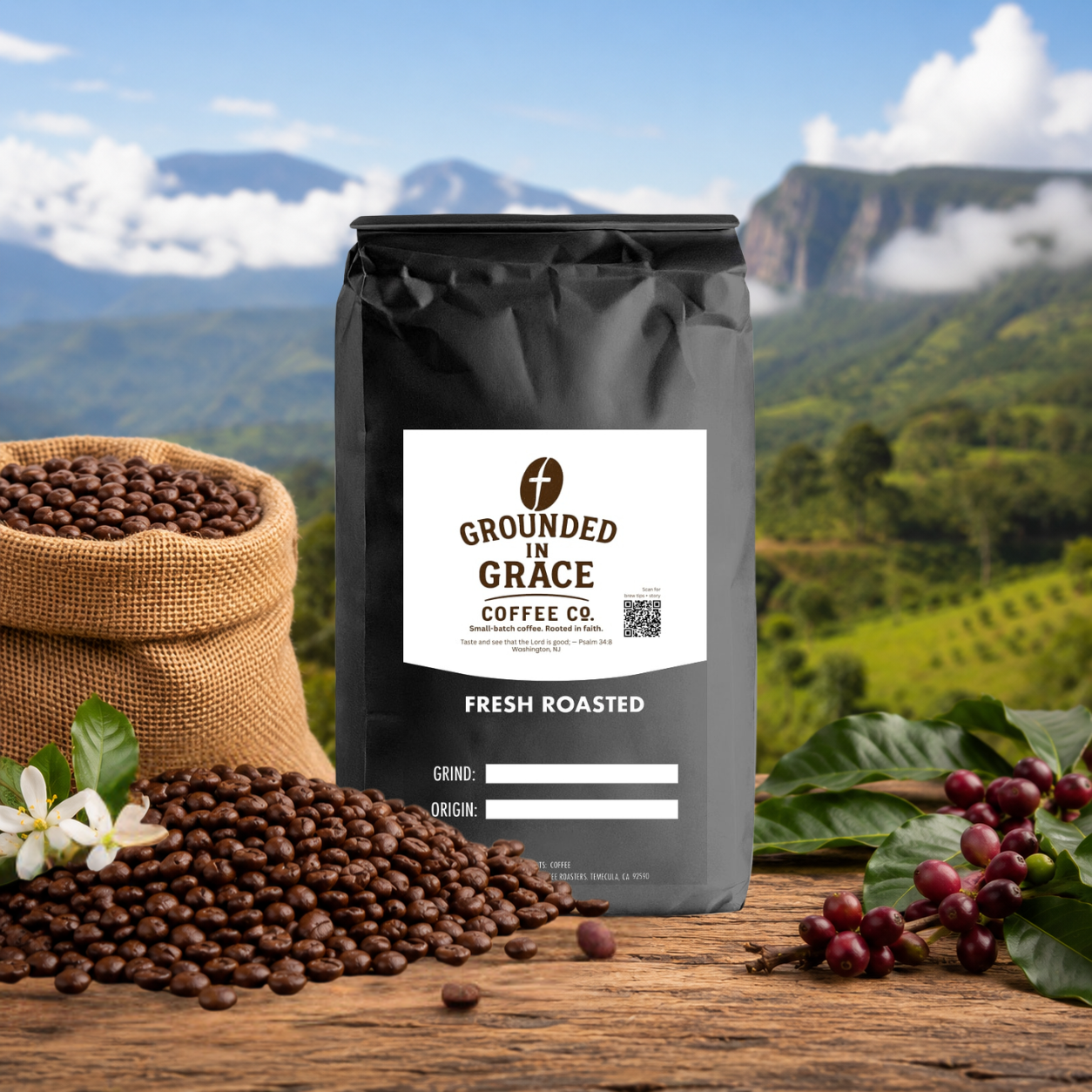 Bag of Mountain Bloom Uganda coffee displayed on a rustic wooden table with roasted coffee beans, coffee cherries, and mountain scenery in the background.
