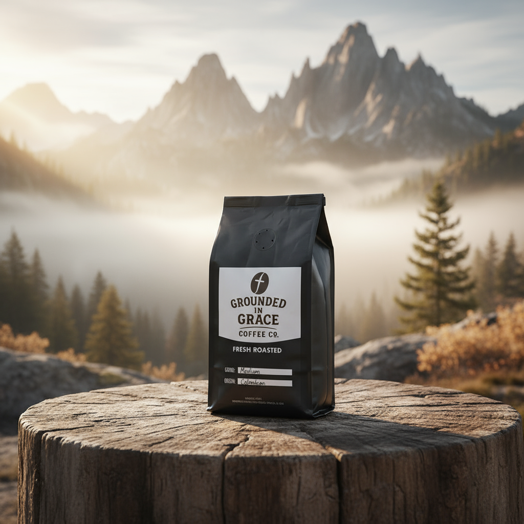 Grounded for Grace Coffee Co. bag on a wooden stump with a mountainous landscape in the background