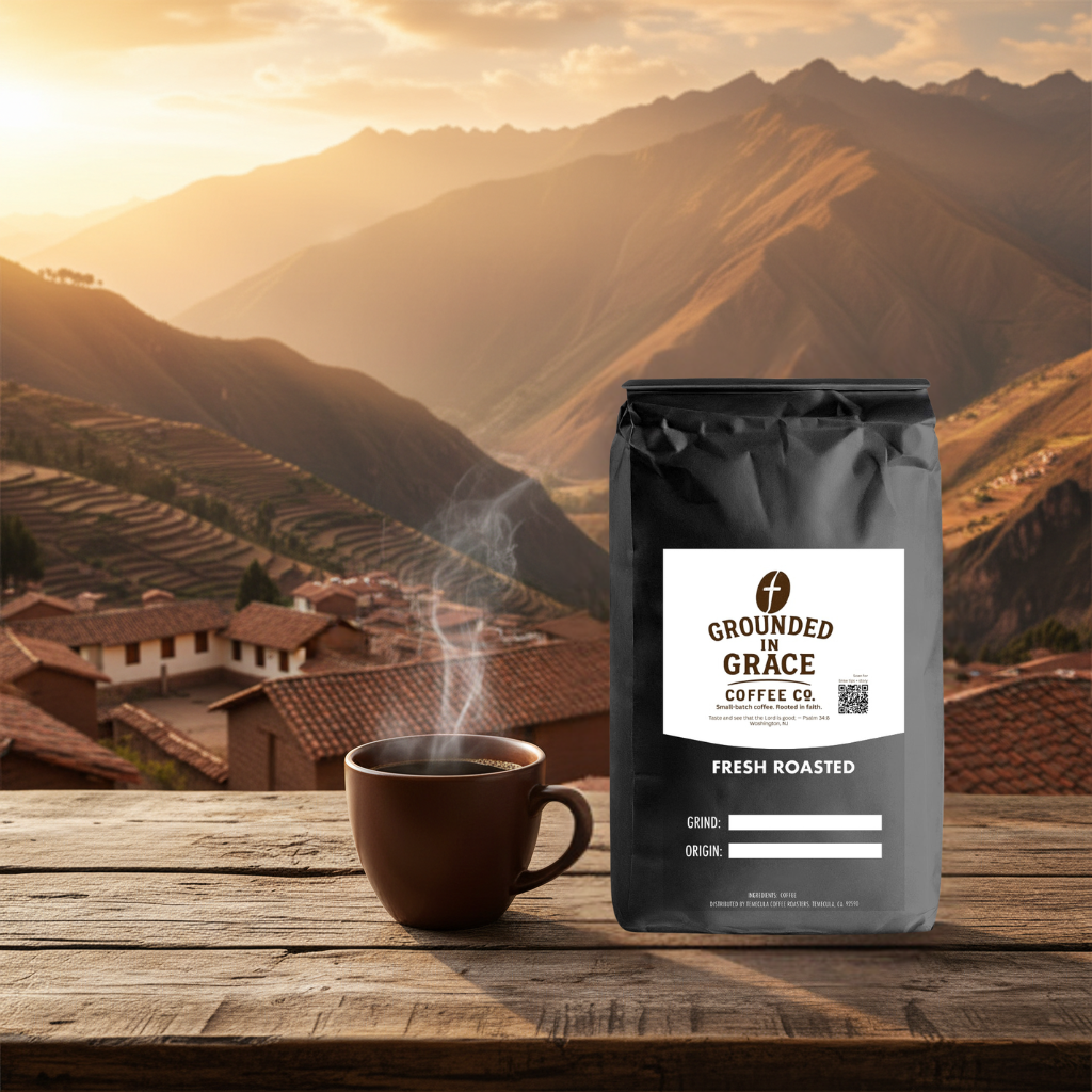 Grounded in Grace Coffee Co. bag with a steaming cup of coffee against a mountainous landscape.