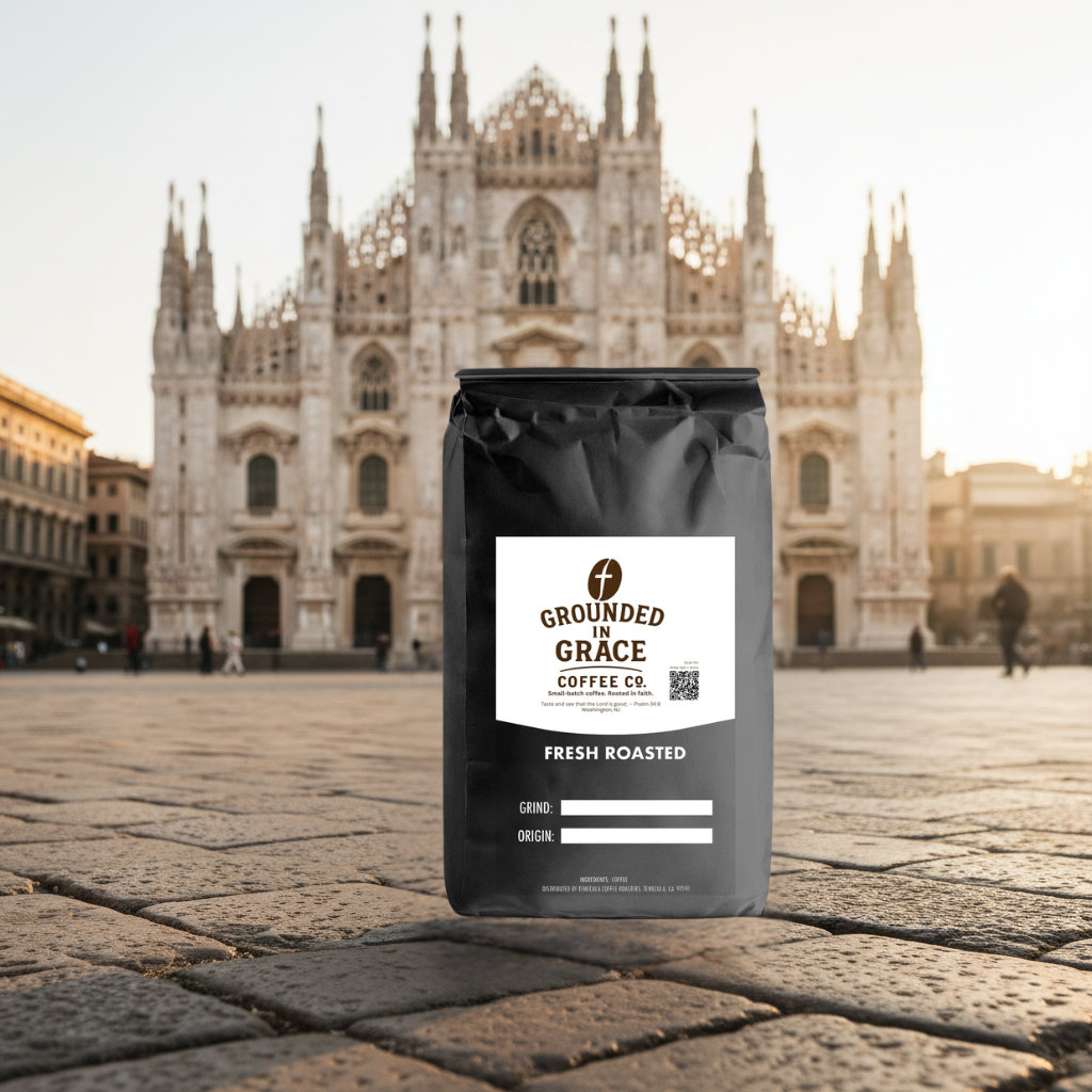 Grounded in Grace coffee bag with a cathedral in the background