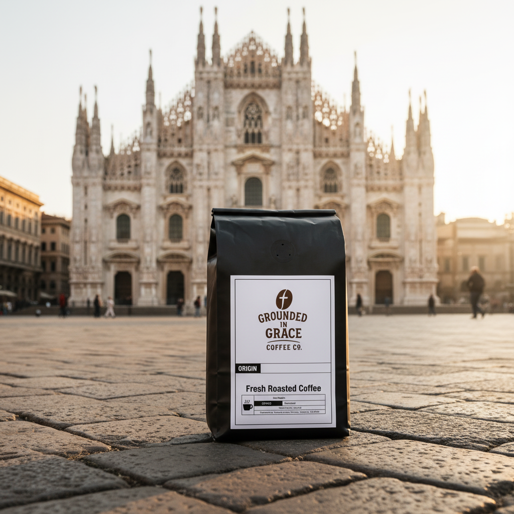 Grounded in Grace coffee bag with a cathedral in the background