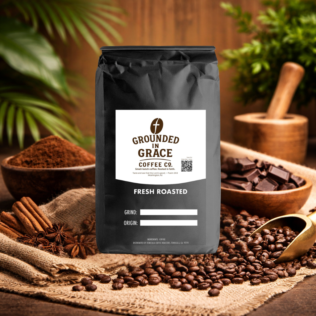 Grounded in Grace coffee bag with coffee beans and chocolate in the background