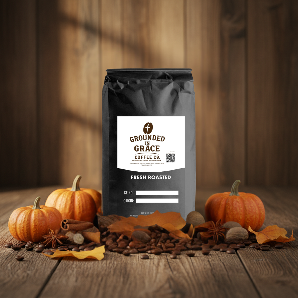 Grounded in Grace Coffee Co. bag with pumpkins and coffee beans on a wooden surface