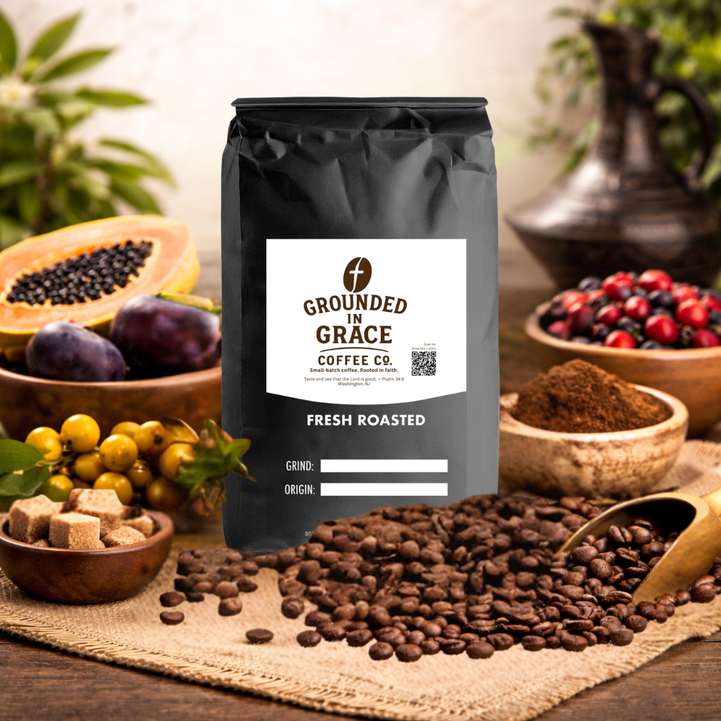 Grounded in Grace Coffee Co. bag with coffee beans and fruit on a wooden surface