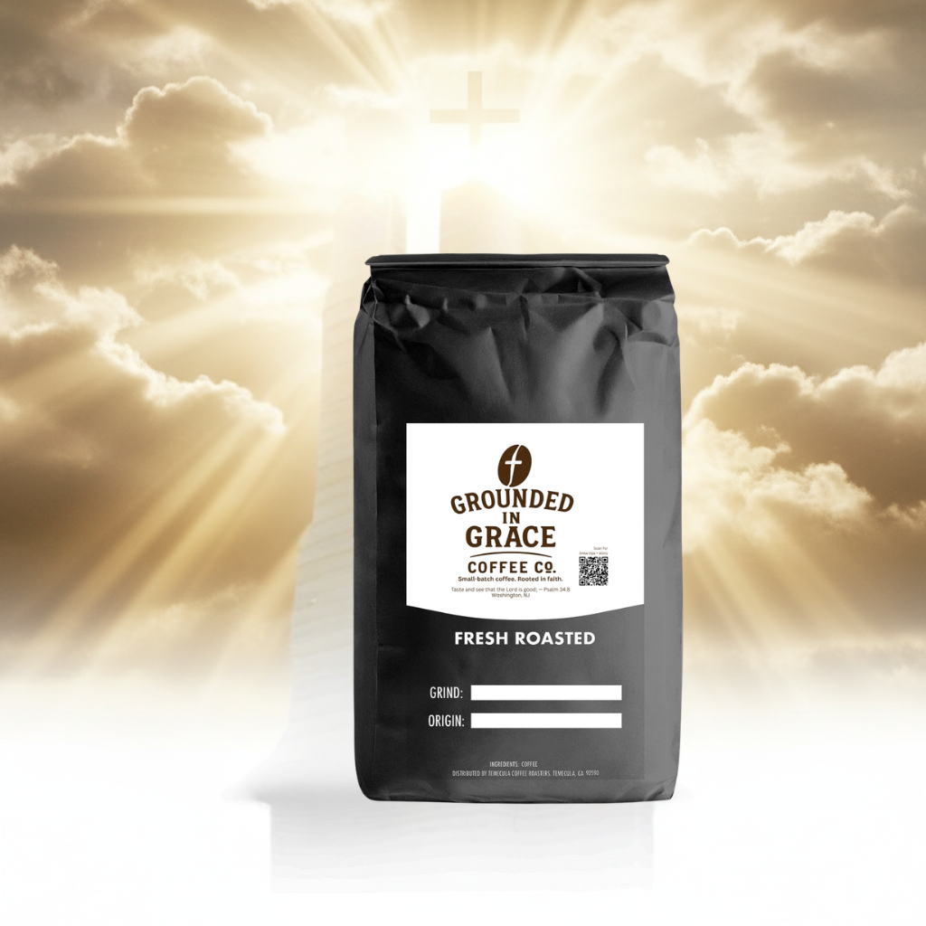 Coffee bag with 'Grounded in Grace Coffee Co.' label against a cloudy sky background