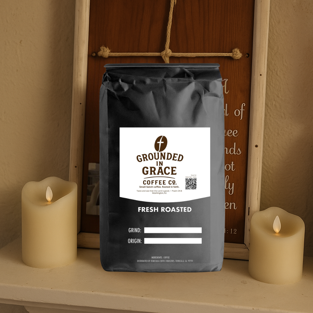 Grounded in Grace black coffee bag with wooden sign and Candles