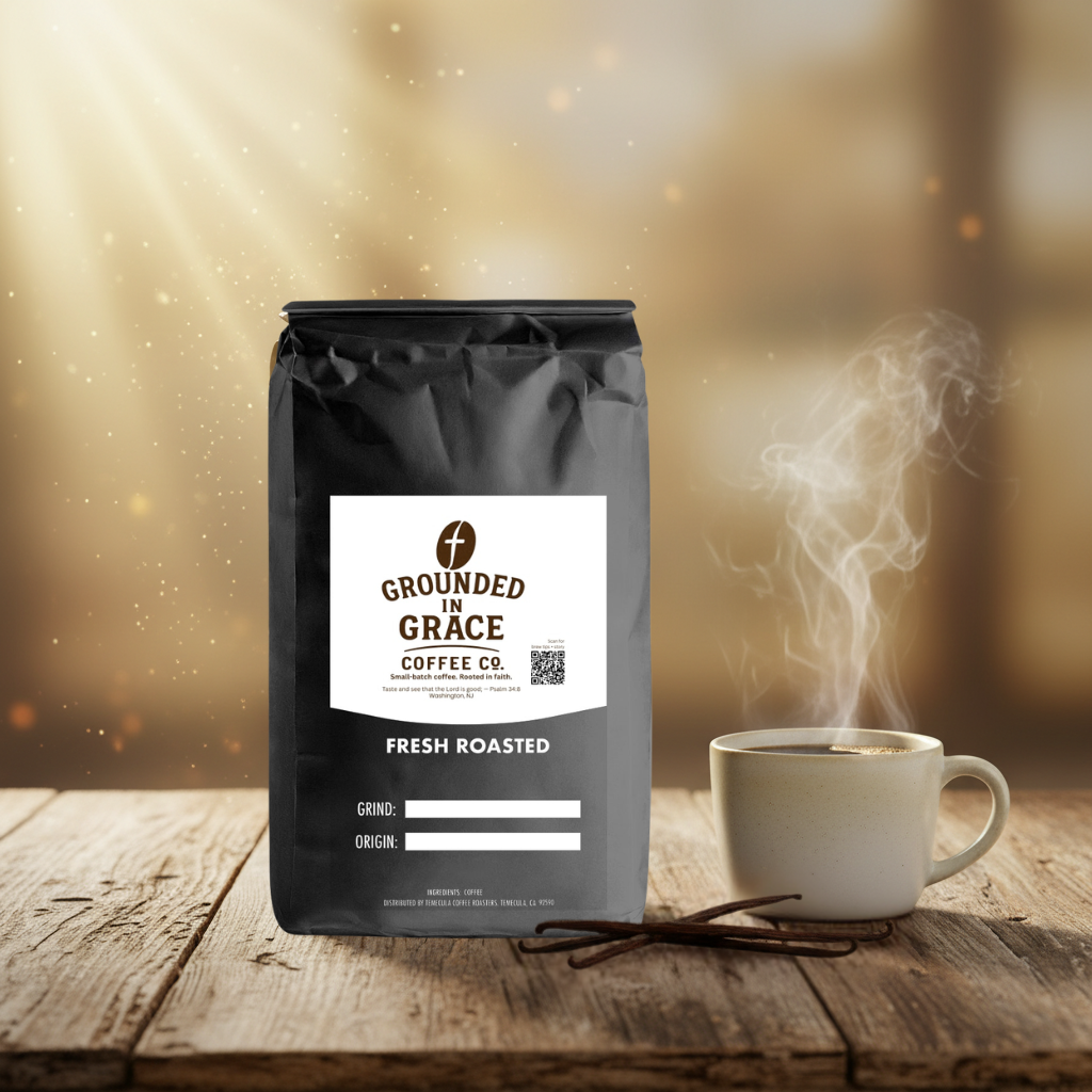 Grounded in Grace coffee bag with a steaming cup on a wooden table
