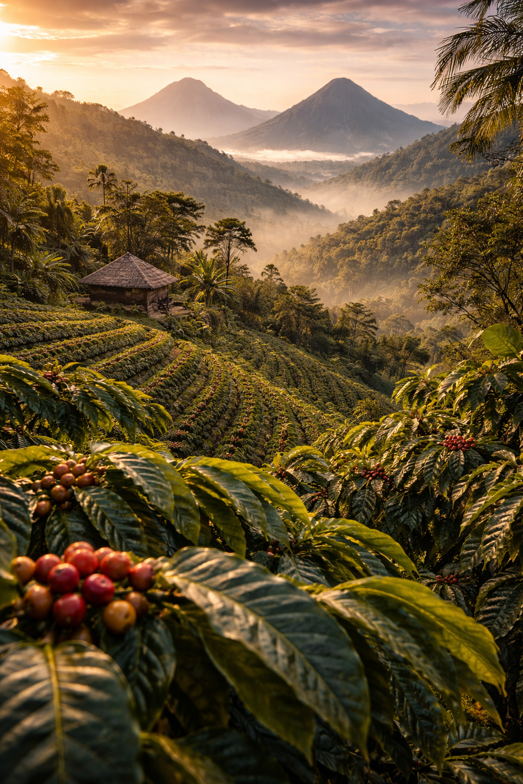 Morning glow over coffee terraces