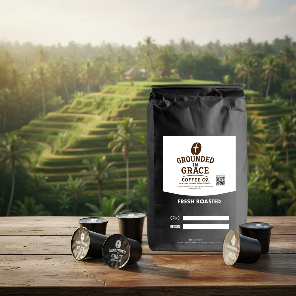 Coffee bag from Grounded in Grace Coffee Co. on a wood table with coffee pods around it. Terraced hill in background.