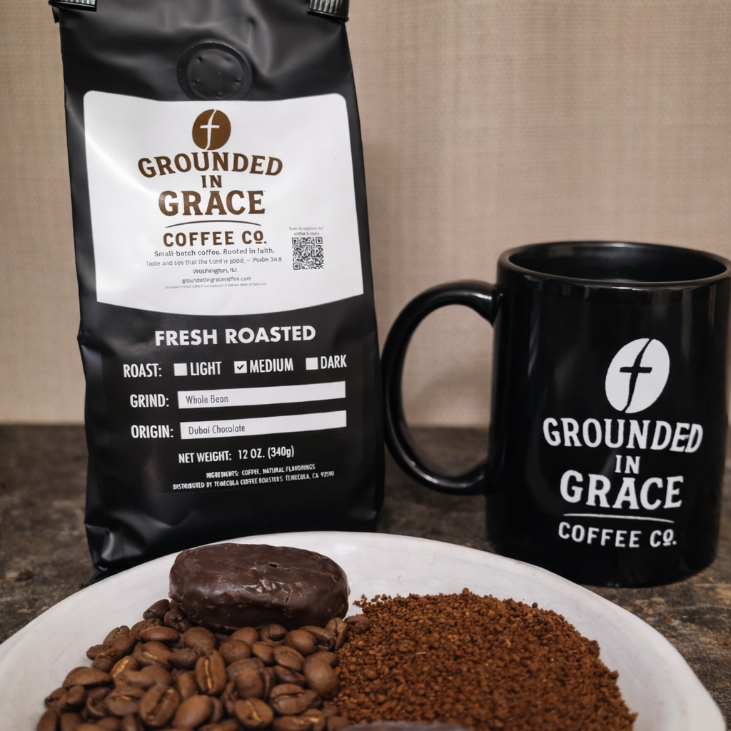 Grounded in Grace Coffee Co. packaging with coffee beans, ground coffee, and cookies on a plate.