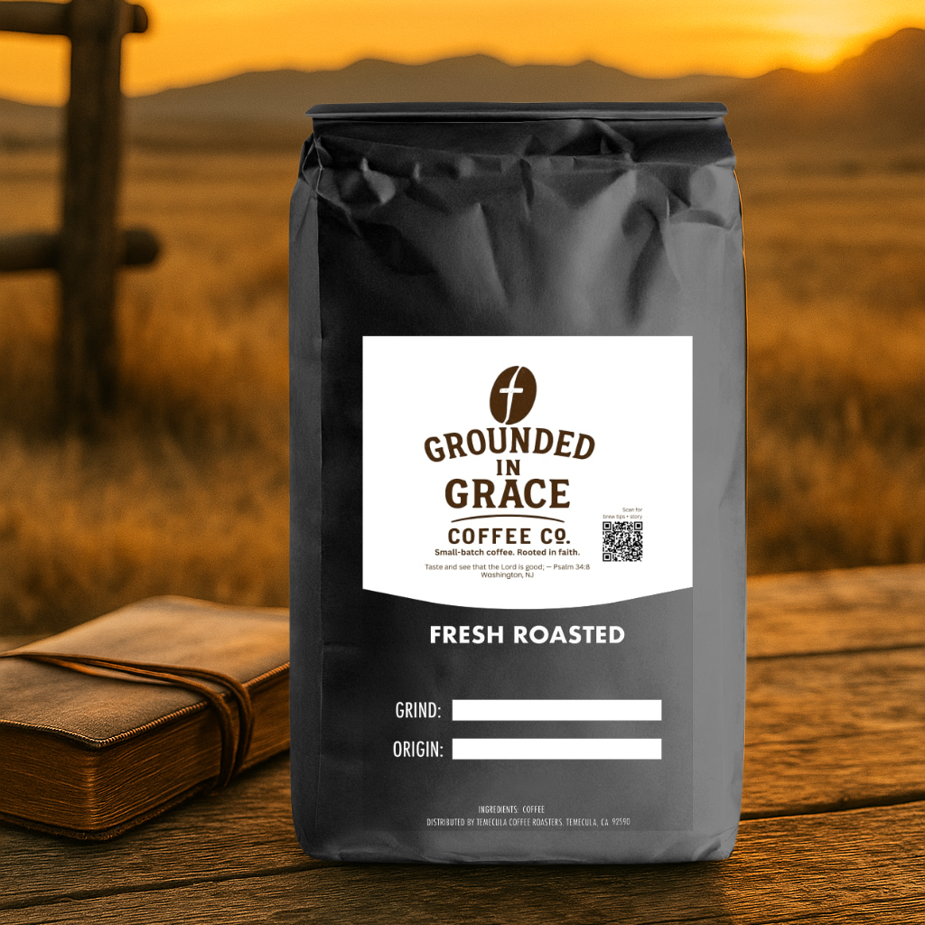 Cowboy Blend small-batch roasted coffee in Grounded in Grace black bag with bible.