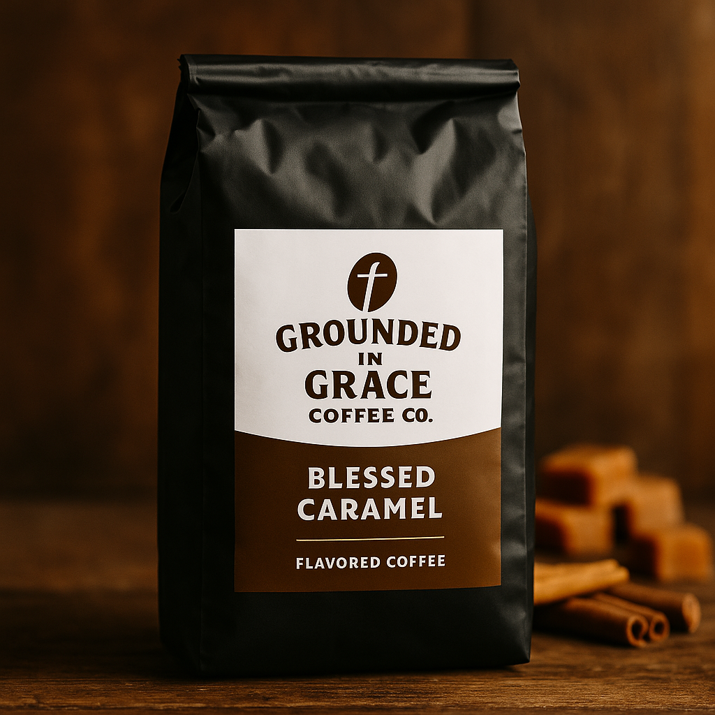 A Grounded in Grace Coffee Co. Blessed Caramel flavored coffee bag displayed on a rustic wooden surface with caramel pieces and cinnamon sticks softly blurred in the background.