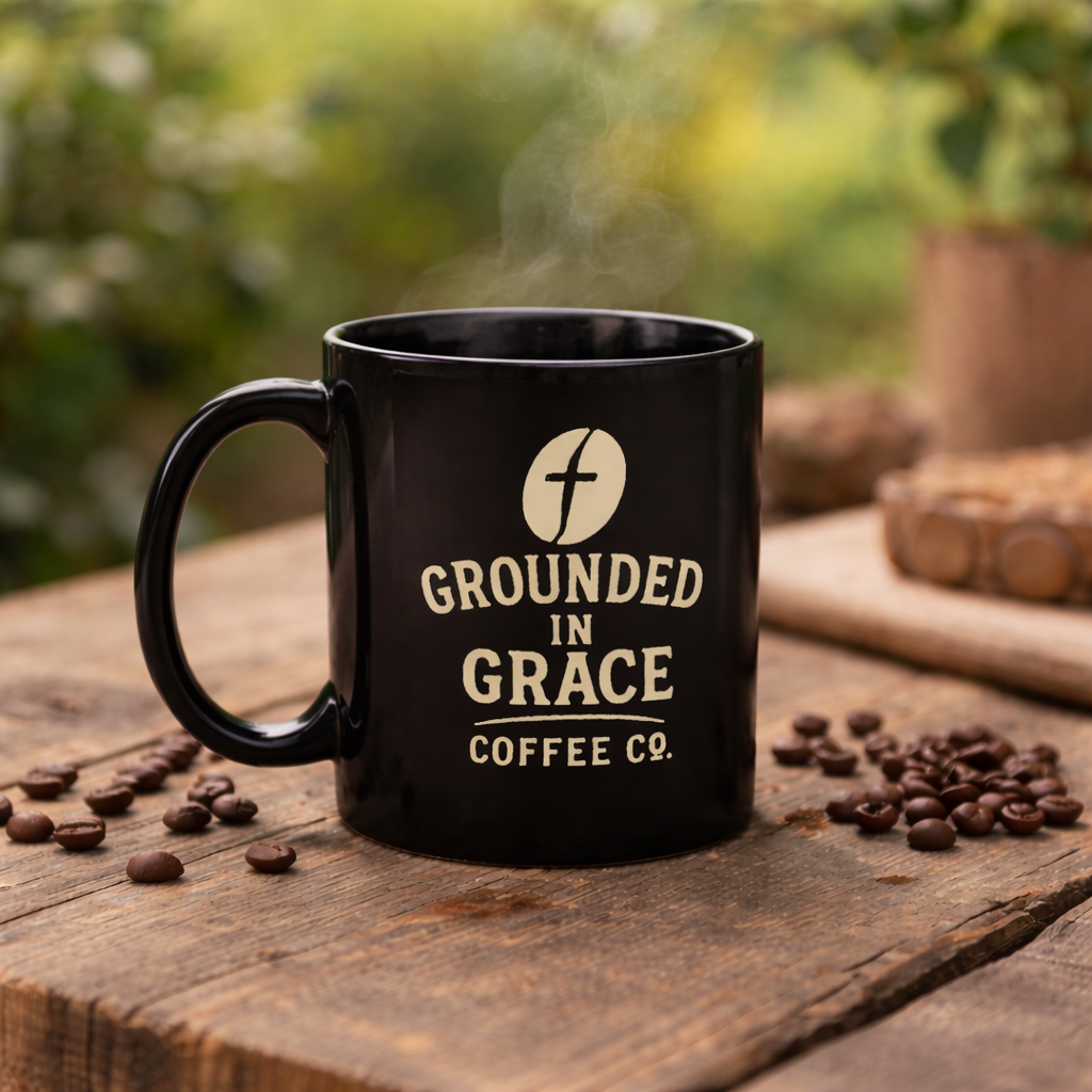 Black Grounded in Grace Coffee Co. mug with cream logo on rustic wooden table with coffee beans and steam rising