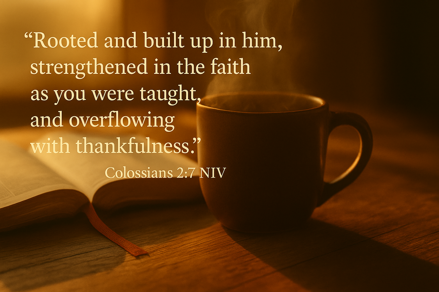 A steaming mug of coffee beside an open Bible on a rustic wooden table, bathed in warm golden morning light. The verse “Let your roots grow down into Him, and let your lives be built on Him...” from Colossians 2:7 (NIV) appears in elegant cream lettering, reflecting faith, peace, and gratitude.