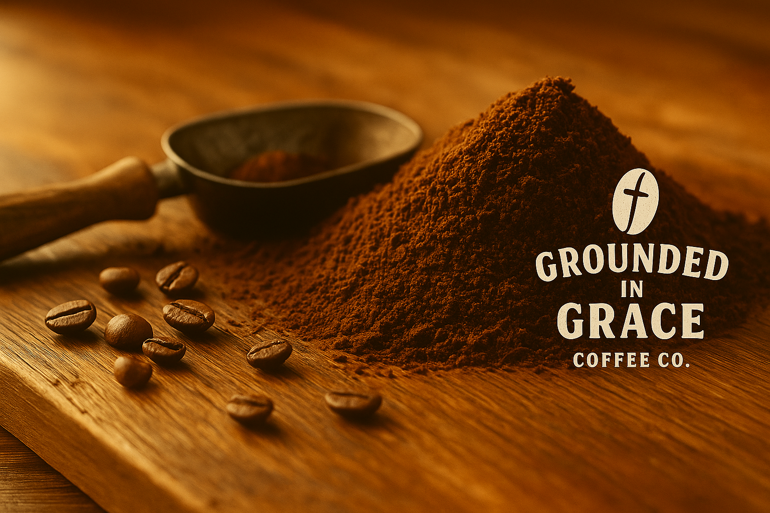 A rustic wooden table with freshly ground coffee and roasted beans beside a wooden scoop. The Grounded in Grace Coffee Co. logo appears in cream, reflecting a faith-filled, handcrafted coffee brand rooted in warmth and purpose.